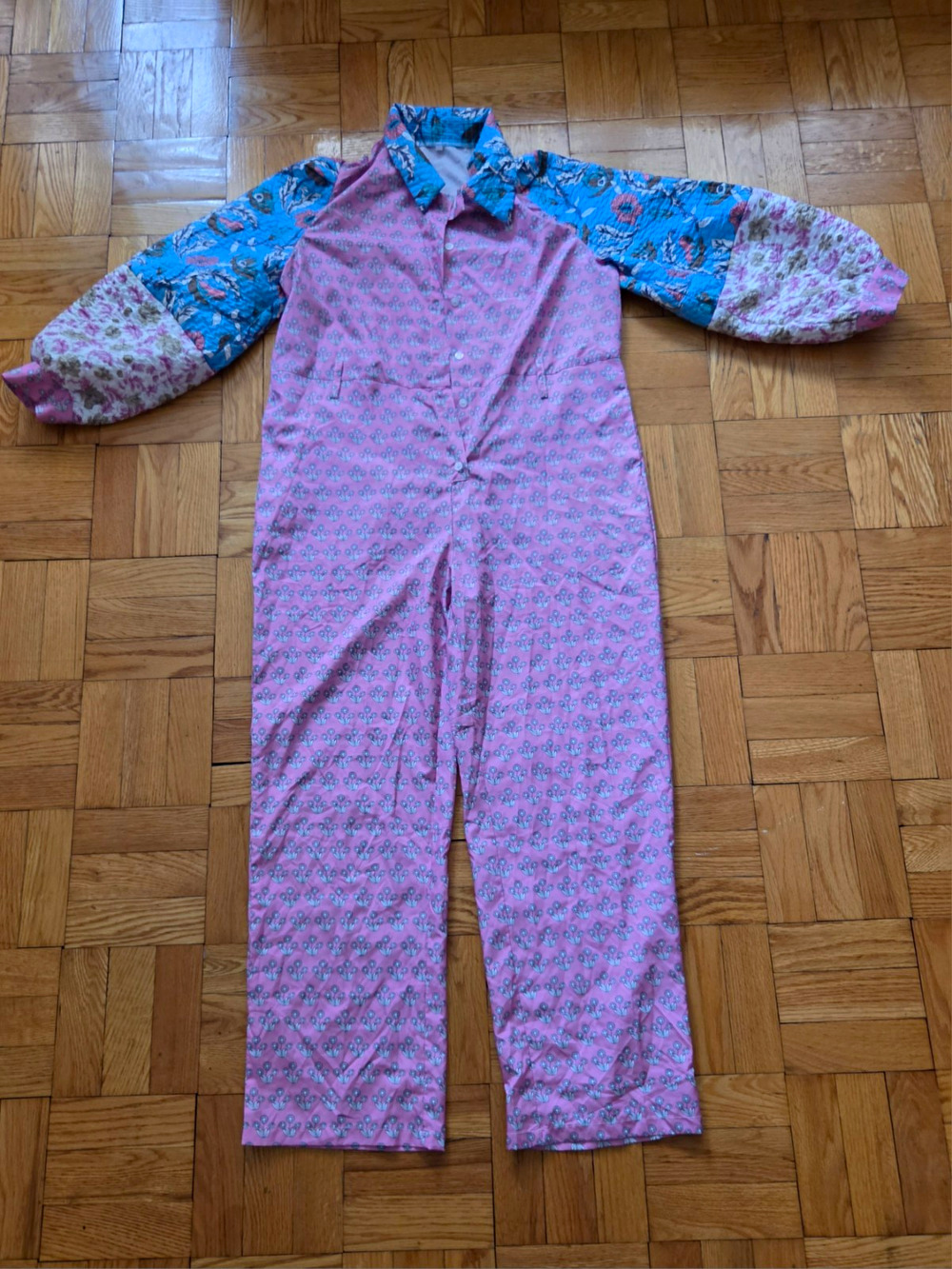 Womens Pink/Blue Floral Collared Button Front Cottage Core Jumpsuit Sz XL Runs S